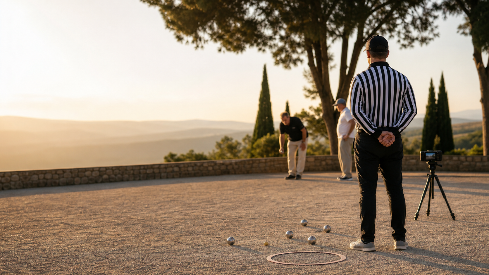 Arbitre et camera sur un terrain de petanque