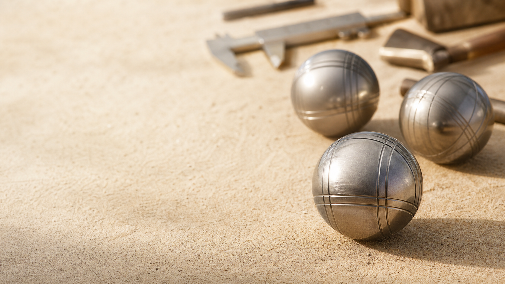 Boules de petanque en acier et outils de mesure sur un terrain