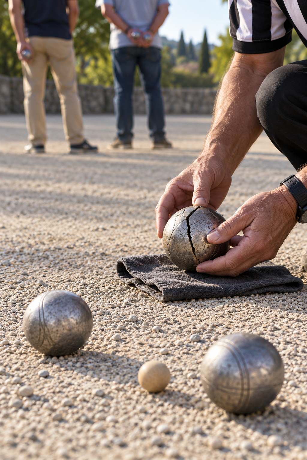Petanque dispute: a cracked boule discovered after several ends