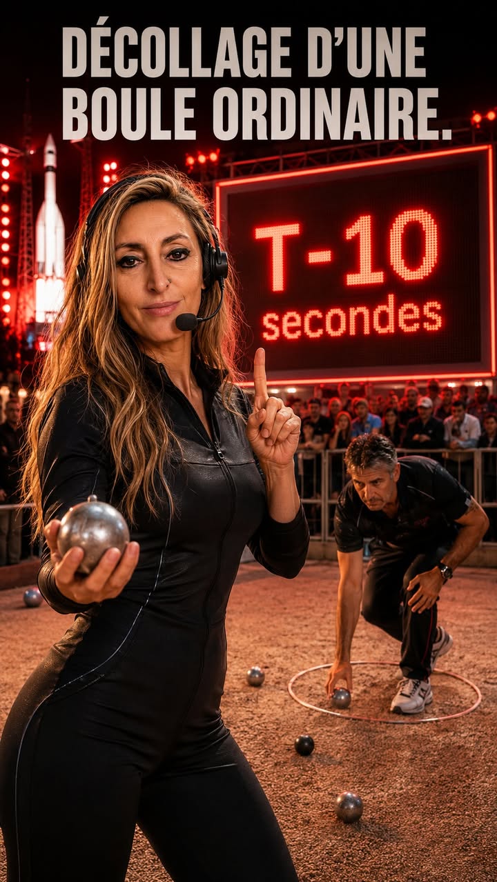 Humour Paquita : Décollage d'une boule ordinaire 🚀 T-10 secondes, casque audio, mode mission - photo Facebook PetanqueLand