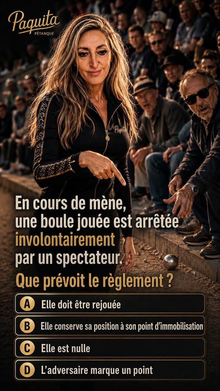 Quiz Paquita : En cours de mène, une boule jouée est arrêtée involontairement par un spectateur. Que prévoit le règlement