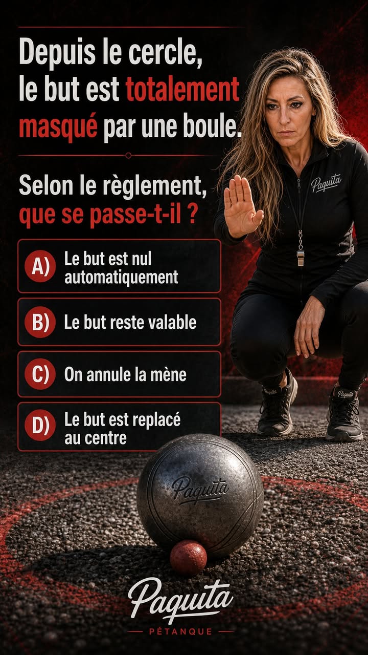 Quiz Paquita : Depuis le cercle, le but est totalement masqué par une boule. Selon le règlement, que se passe-t-il