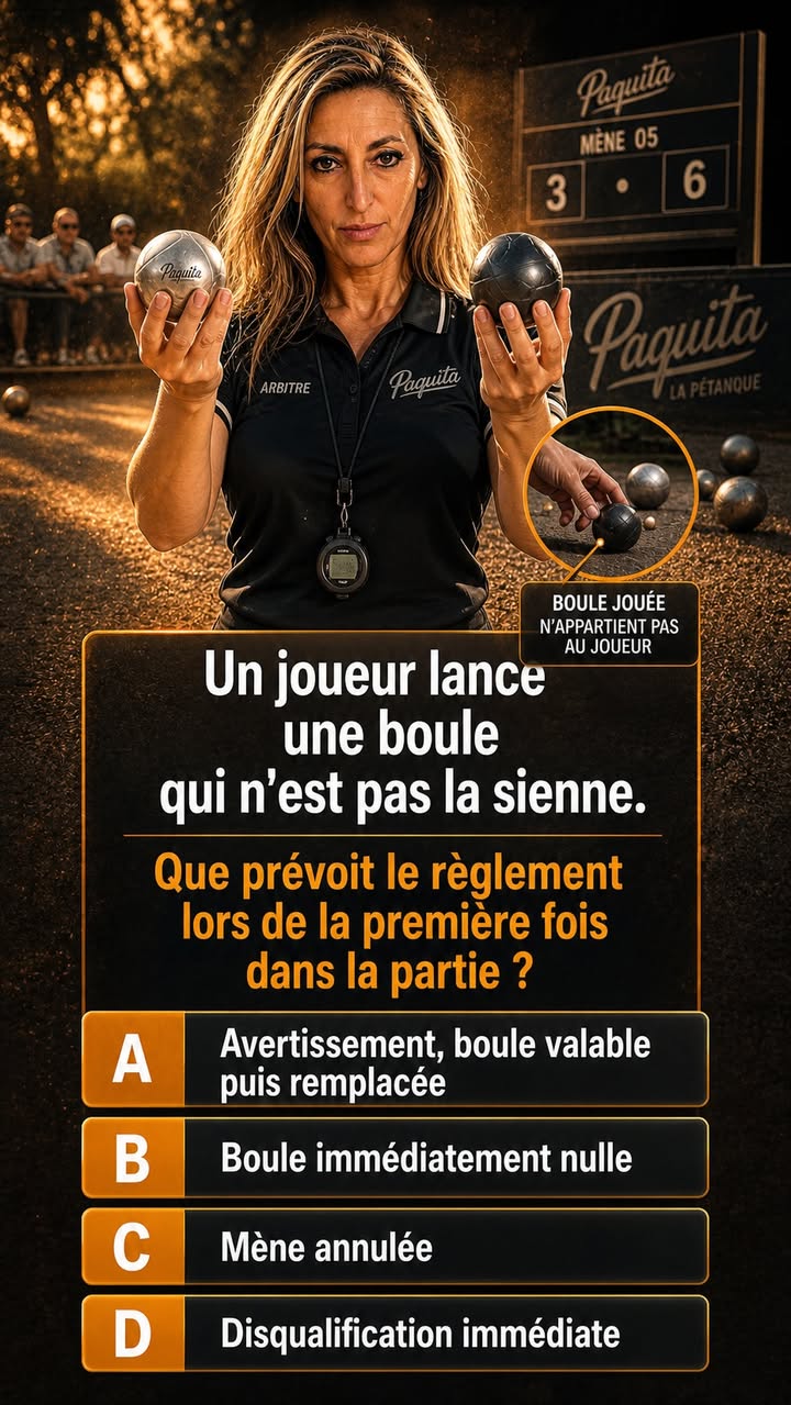 Quiz Paquita : Un joueur lance une boule qui n'est pas la sienne. Que prévoit le règlement lors de la première fois dans la partie