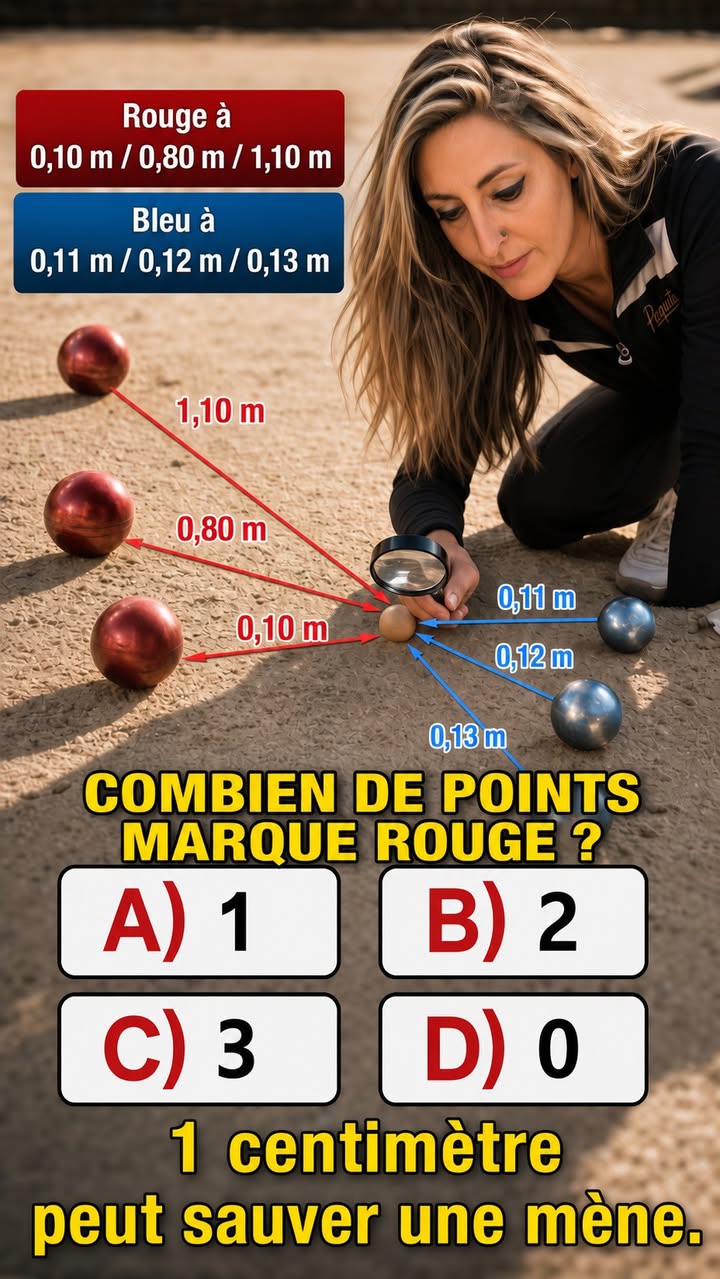 Quiz Paquita : Quiz réglementation : Rouge est à 10 cm, 80 cm et 110 cm ; Bleu à 11 cm, 12 cm et 13 cm : quelle équipe marque et combien de points