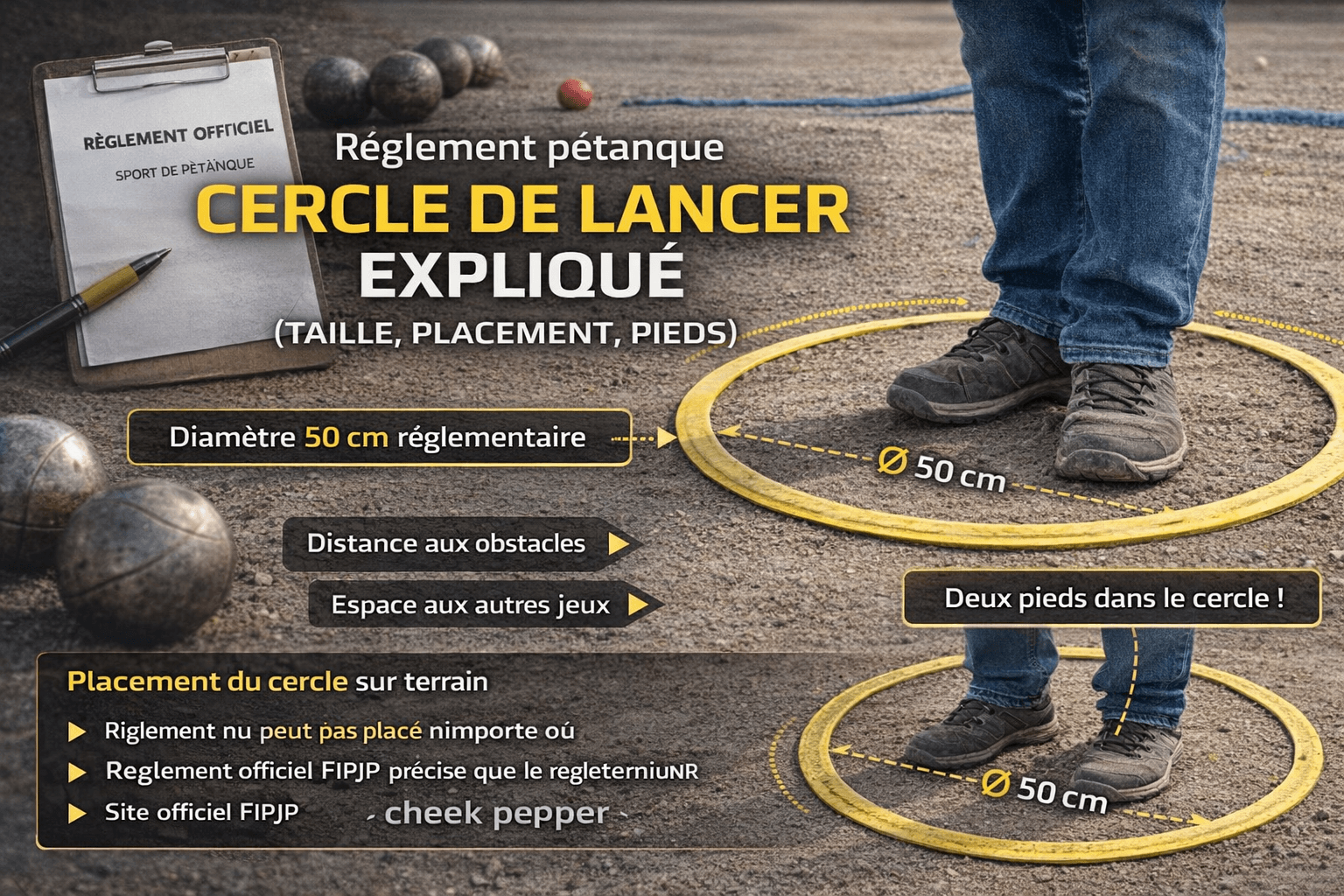 Règlement pétanque : cercle de lancer (taille, placement, pieds dans le cercle)