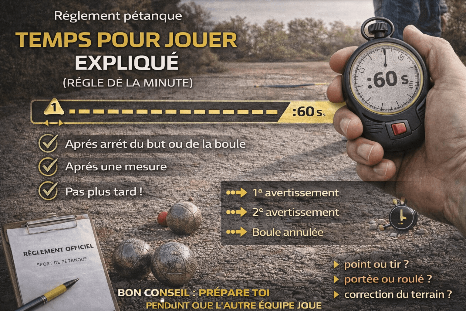 Règlement pétanque : combien de temps pour jouer ? (règle de la minute)