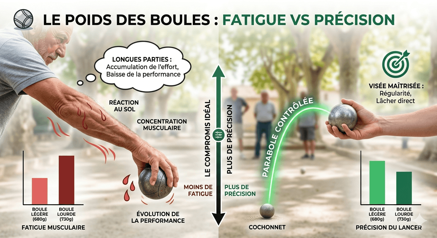 Escolher o peso das suas bolas de pétanque: O dilema entre fadiga e precisão
